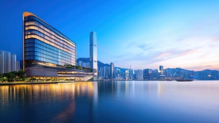 modern architecture skyline cityscape with reflections on water at twilight