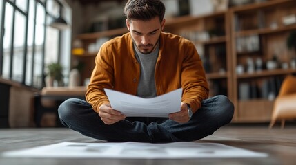 Serious young man reads documents on the floor in stylish modern room filled with natural light