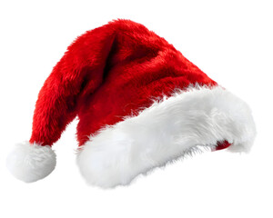 Realistic Red Christmas Santa Claus hat with a white pompom, isolated on transparent background