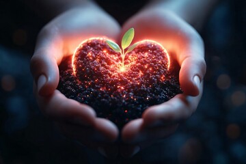 A glowing heart formed from soil, nurturing a small green plant, symbolizing love and growth in nature.