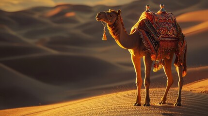 Canvas Print - Camel standing in the desert at sunset.