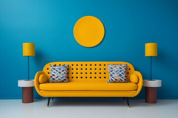 A bright yellow sofa with decorative pillows and yellow lamps against a vibrant blue wall, creating a modern mid century interior design atmosphere