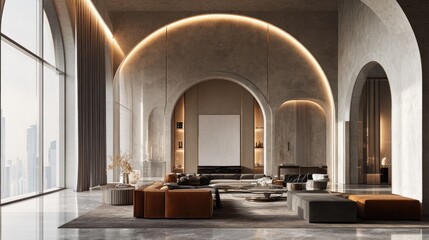 Stunning 3D indoor design featuring arched architecture and modern elements, set against a realistic background for a luxurious feel