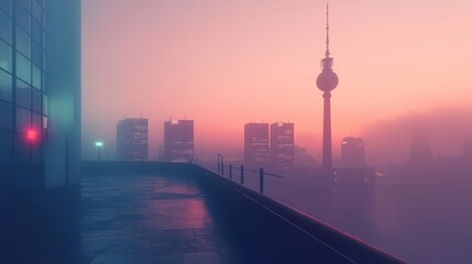 Poster - Cityscape with a tower and fog during sunset.