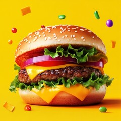 Wall Mural - Close up of a cheeseburger with lettuce, tomato, onion, and cheese on a yellow background.