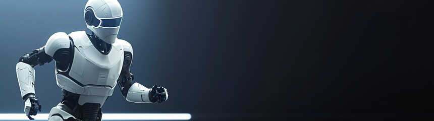 Wall Mural - a white humanoid robot with a helmet runs towards the right side of the frame. a futuristic image of