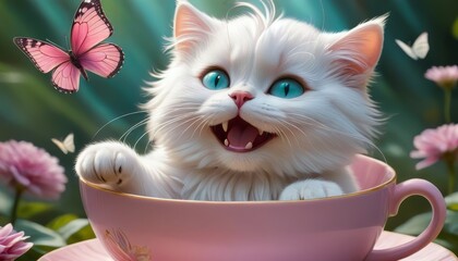 Whimsical scene of a white kitten sitting in a pink teacup with a butterfly nearby. The vibrant colors and playful elements create a joyful and enchanting atmosphere, perfect for fantasy and whimsical