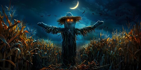 A scarecrow with a hat and a face is standing in a field of corn generative AI