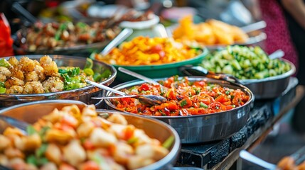 Canvas Print - Close up of a variety of food in metal bowls.