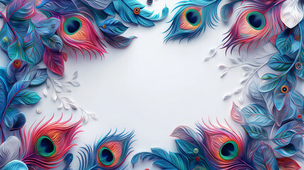 Wall Mural - Multicolored peacock bird feathers, on white background, empty space in the center