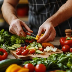 Poster - Close up of man's hands preparing a salad with fresh vegetables and feta cheese.