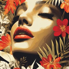 Poster - Close up portrait of a woman with red lips, surrounded by tropical flowers.