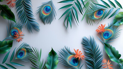 Wall Mural - Multicolored peacock bird feathers, on white background, empty space in the center