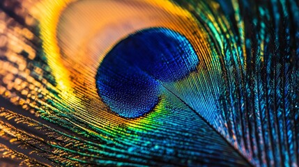 Wall Mural - Close-up macro photo of a peacock feather, showing vibrant iridescent blues, greens, and yellows.