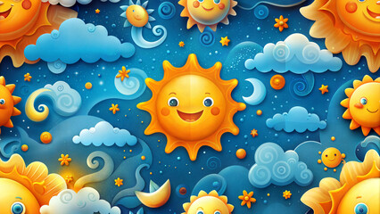 Seamless background of cartoonish suns and clouds, vibrant and happy, whimsical sky scenes