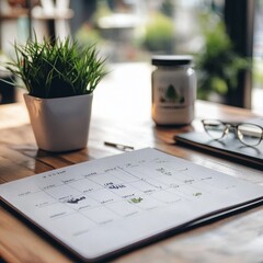 Wall Mural - Close-up of a calendar on a wooden table with a potted plant, glasses, and a jar.