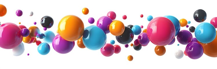 Colorful spheres, balls, and particles in motion on a white background