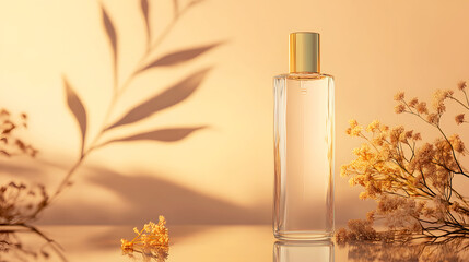 mockup featuring a clear toner bottle with minimalistic gold labeling, placed in front of a soft gradient background