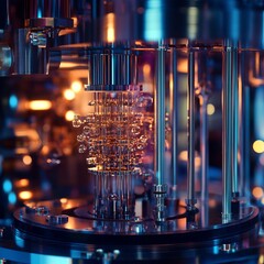 Sticker - Close-up of a complex stainless steel machine with a glass chamber filled with small spheres.