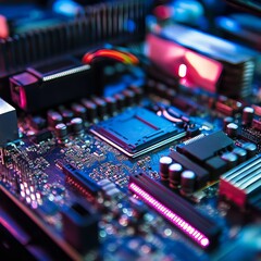 Wall Mural - Close-up of a computer motherboard with colorful lighting.