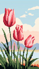 Sticker - Pixelated tulips landscape art