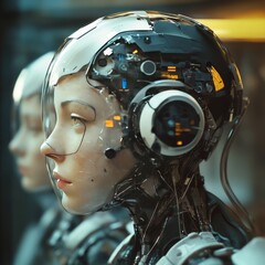 Poster - Closeup of a female cyborg with visible internal mechanisms.