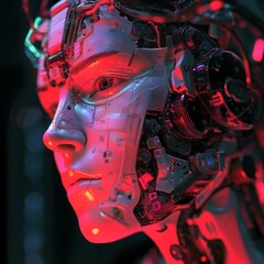 Canvas Print - Close-up of a futuristic robot head with red and blue lights highlighting the intricate mechanical details.