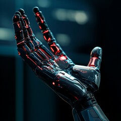 Canvas Print - Close-up of a futuristic robotic hand reaching up with red glowing lights.