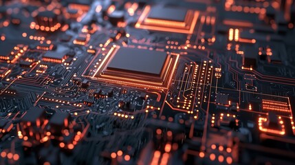 Wall Mural - Close-up of a glowing circuit board with a central processor.