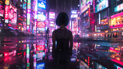 Wall Mural - A Japanese girl with short black hair exploring a neon-lit cityscape. Cyberpunk Tokyo. Midnight. Holographic advertisements reflecting in puddles. 