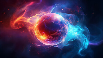 Wall Mural - abstract round magical energy sphere. glowing electric ball in neon blue red clouds of smoke.