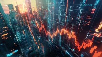 Aufkleber - A 3D rendering of a stock market graph with rising and falling lines, overlaid on a city skyline, symbolizing the dynamic nature of financial markets.