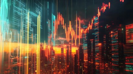 Aufkleber - A 3D rendering of a stock market graph with rising and falling lines, overlaid on a city skyline, symbolizing the dynamic nature of financial markets.