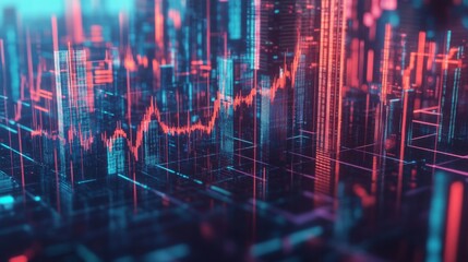 Aufkleber - A 3D rendering of a stock market graph with rising and falling lines, overlaid on a city skyline, symbolizing the dynamic nature of financial markets.
