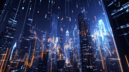 Aufkleber - A 3D rendering of a stock market graph with rising and falling lines, overlaid on a city skyline, symbolizing the dynamic nature of financial markets.