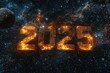 © Wafello - Fiery 2025 number in space with nebula, stars, and cosmic background