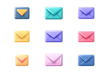 Colorful 3D email icons in various shapes and colors, representing digital communication, isolated on a transparent background.