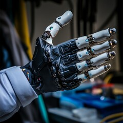 Poster - Closeup of a robotic hand with white fingers and a black palm.