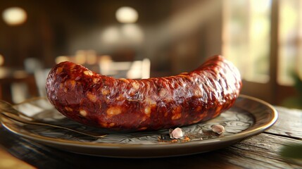 Canvas Print - Close-up of a Smoked Sausage on a Plate.