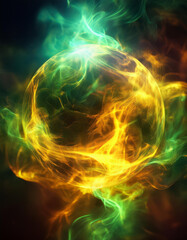 Wall Mural - abstract round magical energy sphere. glowing electric ball in neon green yellow clouds of smoke.