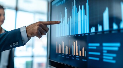 Fototapete - A businessman pointing at a large bar graph displayed on a screen during a meeting, explaining market trends to colleagues, symbolizing teamwork and analysis.
