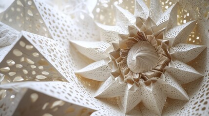 Sticker - Closeup of a white paper sculpture with a central flower shape and intricate geometric patterns.