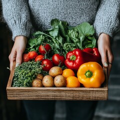 Canvas Print - Close-up of a woman's hands holding a wooden crate filled with fresh vegetables.