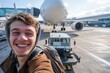 © chutikan - Photograph of a traveler, a cheerful young man with a big smile taking a selfie in front of a plane at the airport. with backpack