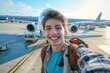 © chutikan - Photograph of a traveler, a cheerful young man with a big smile taking a selfie in front of a plane at the airport. with backpack