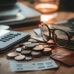 Wall Mural - Close-up of coins on a desk with eyeglasses, calculator, and paperwork.