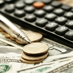 Sticker - Close-up of calculator, pen, coins, and dollar bills.