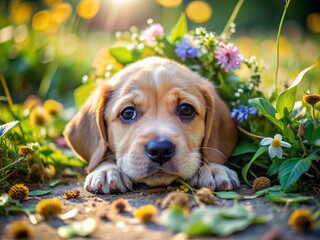 Sad puppy lies sprawled on the grass, ears drooping, sniffles streaming down its face as it howls in anguish amidst scattered leaves and wilting wildflowers.