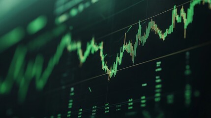 Poster - A close-up of a digital financial chart on a computer screen showing a bullish trend, with rising green lines and data points, symbolizing market growth.
