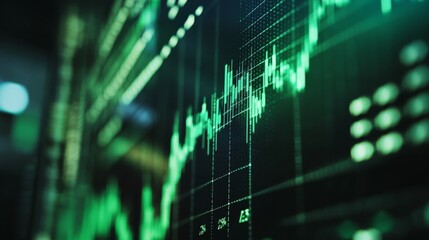 Poster - A close-up of a digital financial chart on a computer screen showing a bullish trend, with rising green lines and data points, symbolizing market growth.